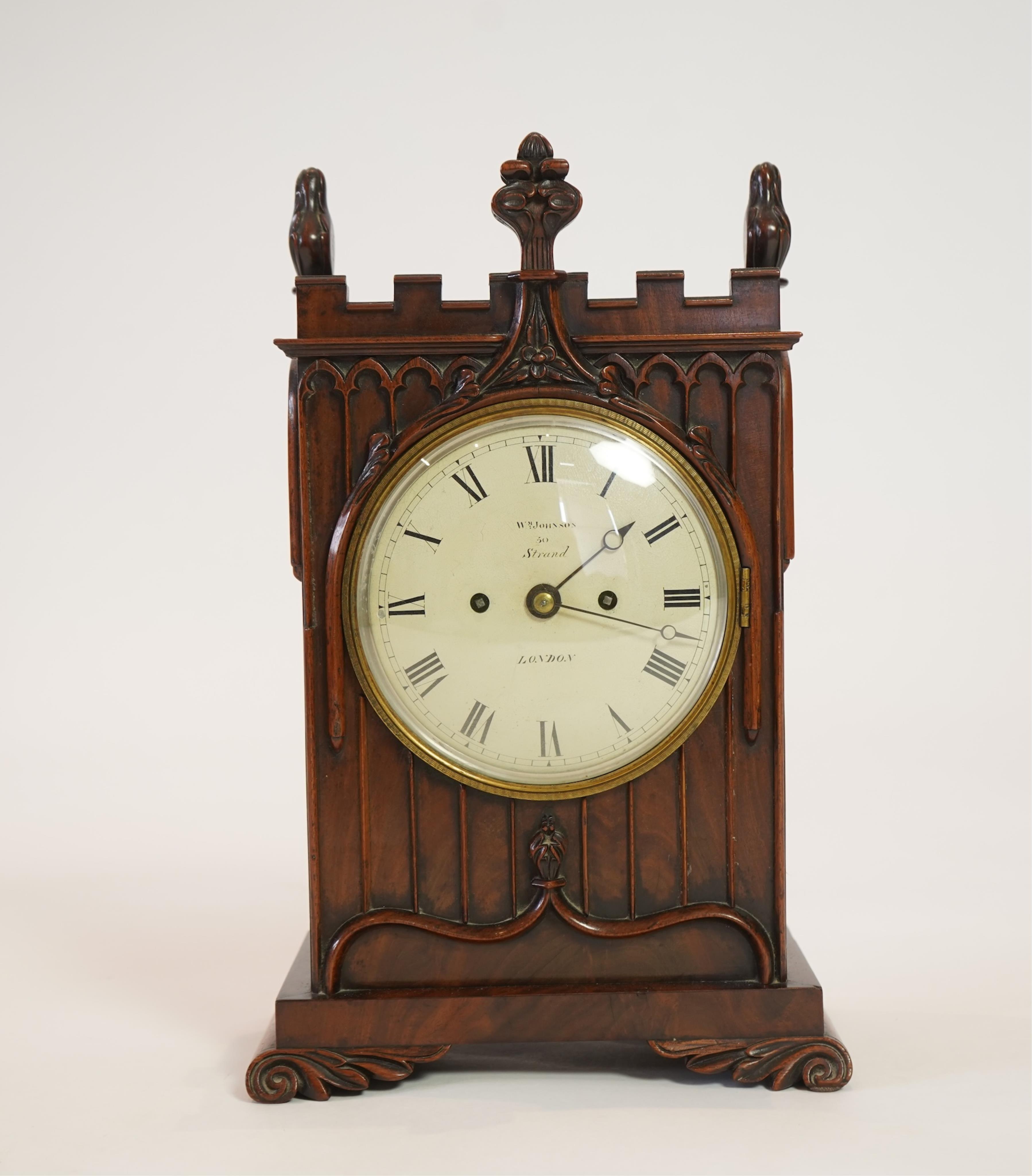 A small late Regency Gothic Revival mahogany bracket clock, signed William Johnson, 50 Strand London